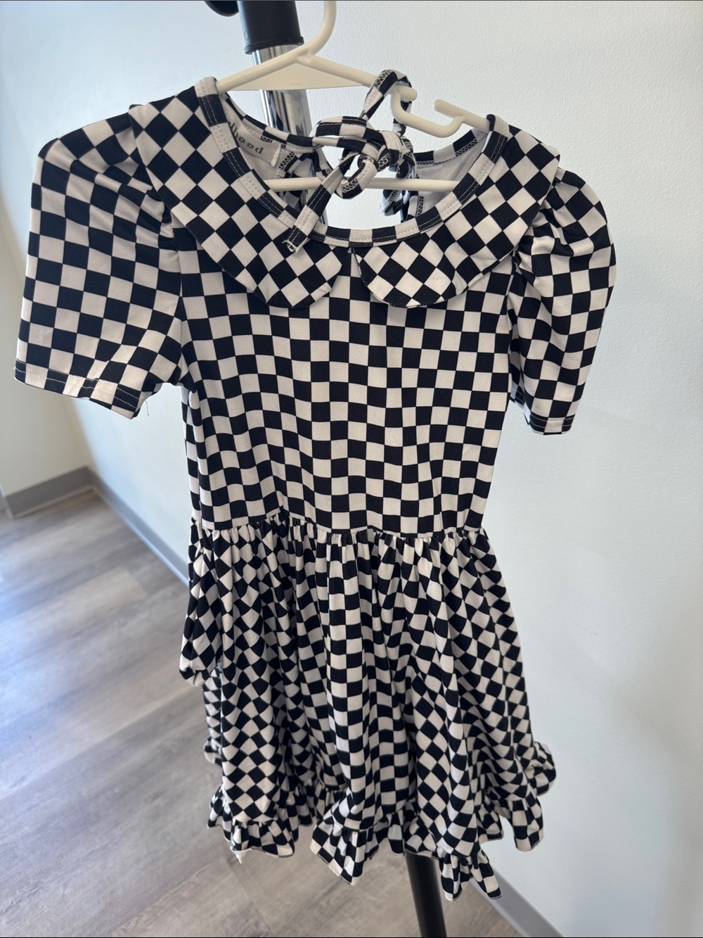 Girls' Black and White Checkered Ruffle Dress with Peter Pan Collar